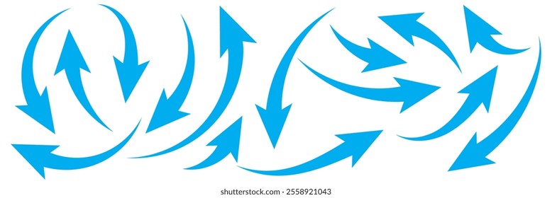 Set of Curved blue Arrows. Different Arrow Icons with Bends in Different Directions. Cursor. Collection of Vector Arrows.
