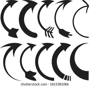 Conjunto de flechas circulares curvadas, puntero concéntrico para giro, flechas curvadas radiales Ilustración vectorial