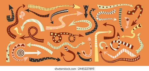 Set of curved color arrows with pattern in boho pop art style, flat isolated vector