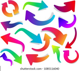 Set of curved colorful isolated arrows on white background. Vector paper illustration.