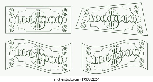 Set of curved contours of one million dollar banknotes on white background