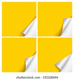 Set of curved corners on yellow sheets with realistic shadows. Vector design.