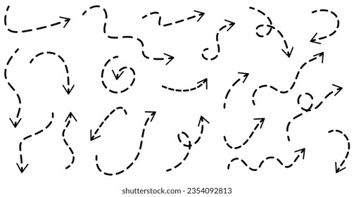 Set of curved dotted arrows. Design with dotted lines. Vector illustration isolated on white background
