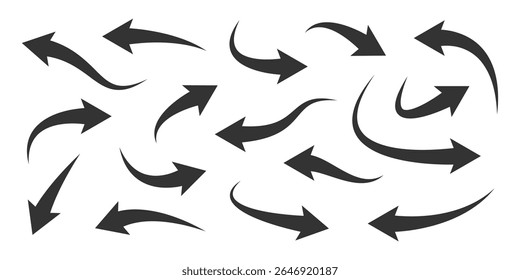 Conjunto de setas pretas dinâmicas curvas. Elementos isolados mínimos para infográfico, apresentação, mídia social, UX UI, destaque, navegação, diagrama, visual educacional empresarial
