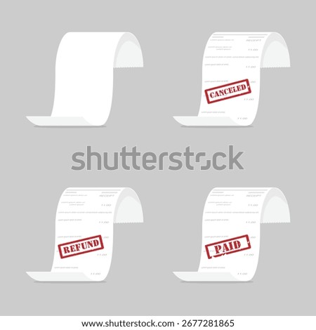 Set of curved financial or payment checks, isolated on grey background. Thermal paper cash register sales receipt. Printed cash receipt with red stamps paid, cancelled and refund. Purchase invoice