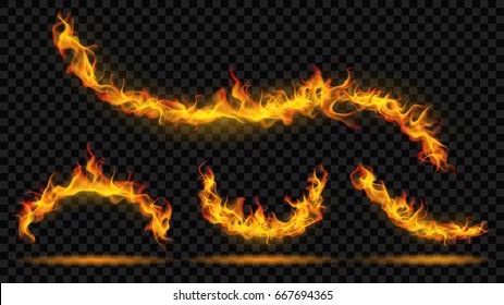 Set of curved fire flame on transparent background. For used on dark backgrounds. Transparency only in vector format
