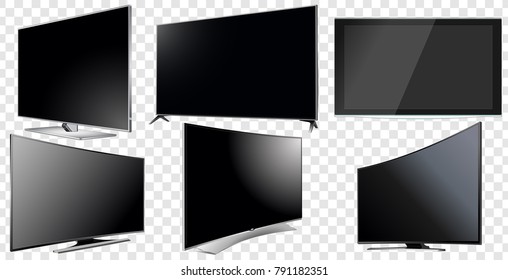 Set of Curved and Flat TV screen lcd, plasma. Realistic vector illustration.
