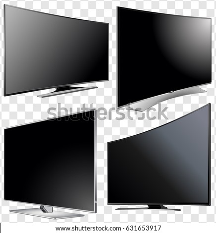 Set of Curved and Flat TV screen lcd, plasma. Realistic vector illustration.