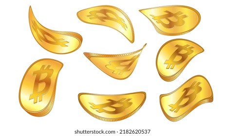 Set of curved golden bitcoin coins isolated on white. Twisted and flowing BTC coins. Vector design elements.