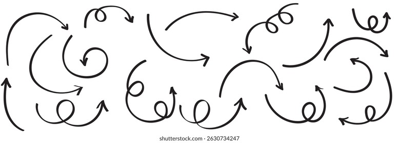 Conjunto de setas curvas desenhadas à mão Coleção de setas curvas desenhadas à mão. . eps 10 
