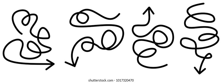 Set of curved, hand drawn marker abstract scribble direction arrows vector