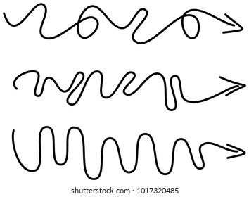 Set of curved, hand drawn marker abstract scribble direction arrows vector