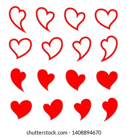 Set of curved heart icons. Cute flat red and outline icon. Vector illustration of romantic dancing hearts suitable for wedding greeting card, decoration element, valentine's day gift.