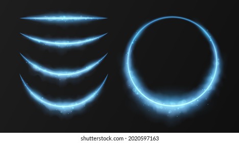 Set of curved lines and circle frame  with magic fog effect. Magic clouds neon effect. Shiny frame in clouds effect with bokeh. Eps10 vector
