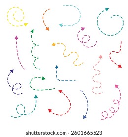Set of curved lines, dashed arrows. Vector arrows.