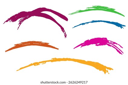 Set of curved lines vector brush strokes. Hand drawing color stripes, smears. Different shape grunge brush strokes collection. Rough grunge thick paint line texture. Vector illustration.