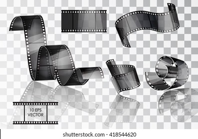  Set of curved photographic film. Film. Vector illustration. Twisted film. Vector slide. Movie scenes. A roll of film media. Isolated objects on a transparent background