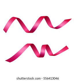 Set of curved pink ribbons, isolated on white background