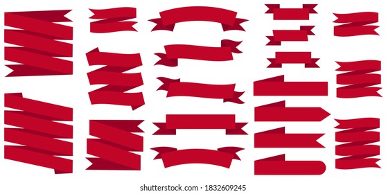 Conjunto de cintas rojas curvadas. Colección de banderas vacías, etiquetas. Baner para promoción de ventas. Plantilla para diseño, insignias, etiquetas de diferentes formas. Ilustración del vector
