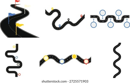 Conjunto de infografías curvas de la línea de tiempo de la hoja de ruta con pines y banderas de colores para hitos, perfecto para presentaciones de hoja de ruta, proceso y viaje de negocios.