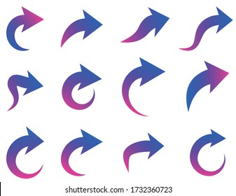 Conjunto de flechas curvadas y redondeadas aisladas sobre fondo blanco. Colores de gradiente azul y violeta. Elemento de diseño de vectores.