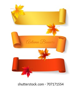 Set of curved short colored ribbons (yellow, orange, red) with maple leaves. Vector realistic elements for autumn banners and promotional flyers. Isolated from the background