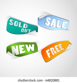 Set of curved tags  for the sale, new, sold out and free, discount item