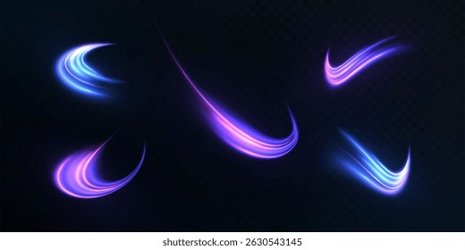 Set of curved vector neon light streams in blue and purple tones on a dark background. Used for visual effects, digital interfaces, game design and motion graphics.	
