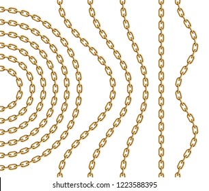 Set of curved, wavy, arcing and straight repeatable golden chain segments. Vector realistic illustration.