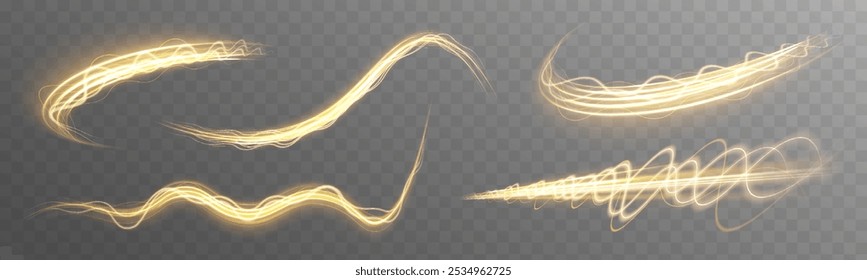 Satz von gekrümmten gelben Lichtlinien auf transparentem Hintergrund. Vektor transparentes Sonnenlicht spezielle Linsen Fackellicht Effekt. Unscharfer Overlay-Effekt für Foto und Mockups.	