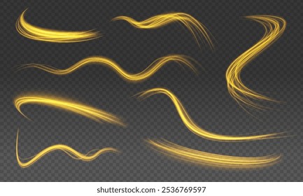 Set of curved yellow light lines on transparent background. Laser beams luminous abstract sparkling isolated on a transparent background.	