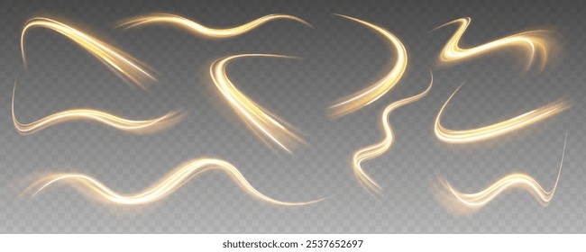 Conjunto de líneas de luz amarilla curvada sobre fondo transparente. Vector de luz solar transparente efecto de luz de destello de lente especial. Efecto de superposición borrosa para fotos y maquetas.	