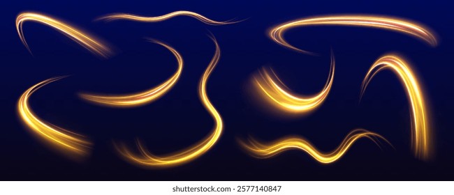 Set of curved yellow light lines on transparent background. Bright lights with glowing lines in motion with small particles and glare.