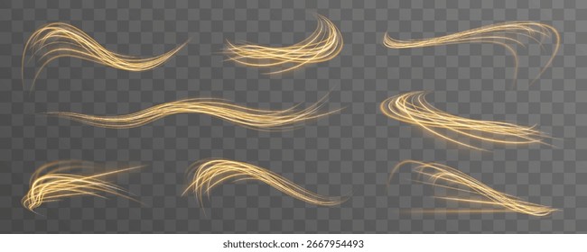 Conjunto de linhas de luz amarelas curvas no plano de fundo transparente. Vetor luz solar transparente especial lente flare efeito de luz. Efeito de sobreposição desfocado para foto e maquetes.	
