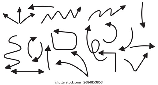 Set of curves, different new style black arrows. Directional arrow flat style isolated on a white background. Arrows Black vector on white background. 
