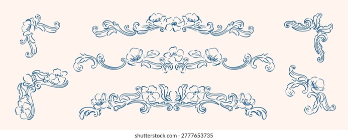 Set of curves, monograms, classical, baroque decor. Design elements, frame, mirror, pattern, border. Hand drawn, sketch traditional, antique ornaments, compositions. Floral deviders, corner elements. 