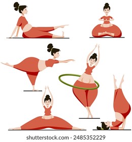 Set of a curvy beauty in a pink suit doing various physical exercises. Vector illustration