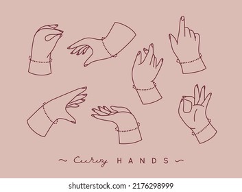 Set of curvy hands with fingers icons in different positions drawing on peach background