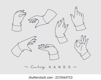 Set of curvy hands with fingers icons in different positions drawing on grey background