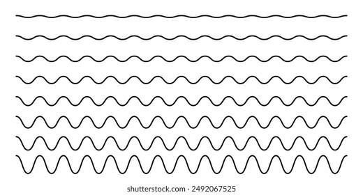 Set of curvy horizontal lines. Wavy borders. Sine or cosine curves. Water, fluid, air or wind symbols. River, sea, lake or ocean signs isolated on white background. Vector graphic illustration.