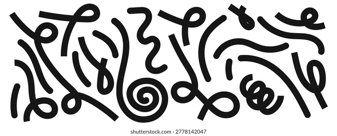 Set of curvy lines painted by black brush or charcoal chalk. Squiggles, spirals and loops in trendy spline style. Organic doodle figures isolated on white background. Vector graphic illustration.