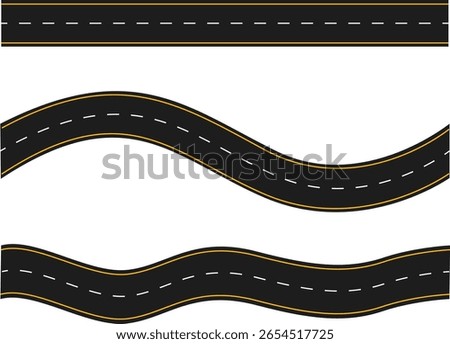 Set of curvy roads with twisting curves and horizontal paths. Top view of racetrack and highway. Flat vector illustration isolated on white background