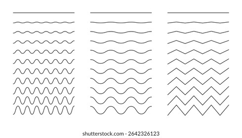 Set of curvy, wavy, zigzag lines. Simple undulate borders, transverse horizontal line collection. Fluid, sine, air, wind signs. River, water, lake, sea and ocean symbol. Outline graphical illustration