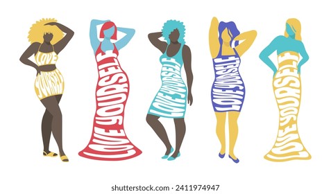 Un conjunto de mujeres onduladas con ropa ajustada y eslogan de texto Ama tú mismo. Diversidad. Concepto positivo corporal. Ilustración vectorial dibujada a mano aislada