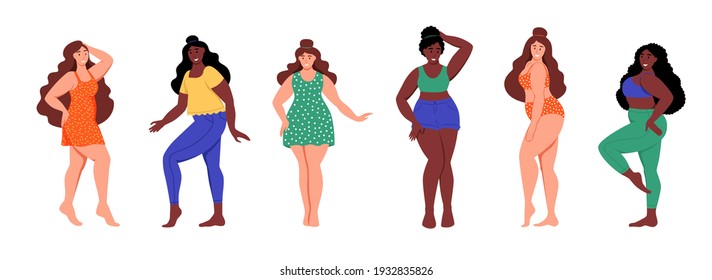 Set of curvy women. Plus size girls. The concept of body positivity, self-love. Love your body. Flat cartoon vector illustration.