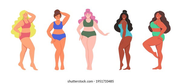 Set of curvy women. Plus size girls. The concept of body positivity, self-love. Love your body. Flat cartoon vector illustration.