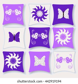 Set of cushions for interior. Pillow isolated on white background. Floral pattern , pattern butterfly stock vector.Pillow flat style