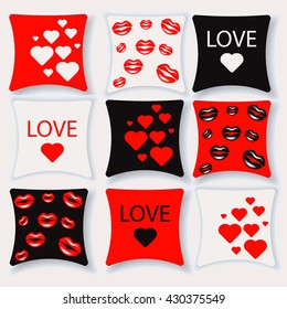 Set of cushions for interior vector illustration. Pillow, isolated on white background. Kiss the pillow, love pillow, heart pillow. Pillow flat style.For the interior