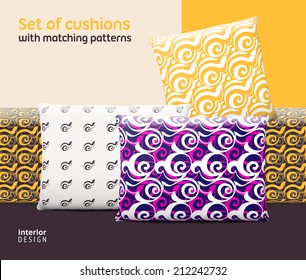 Set of cushions and pillows with matching patterns. Interior, furniture design elements. EPS10 vector, meshes, transparencies used. Pattern swatches included