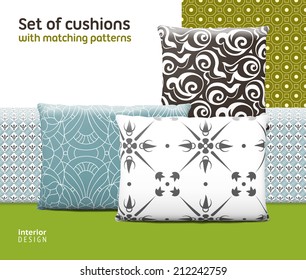 Set of cushions and pillows with matching patterns. Interior, furniture design elements. EPS10 vector, meshes, transparencies used. Pattern swatches included